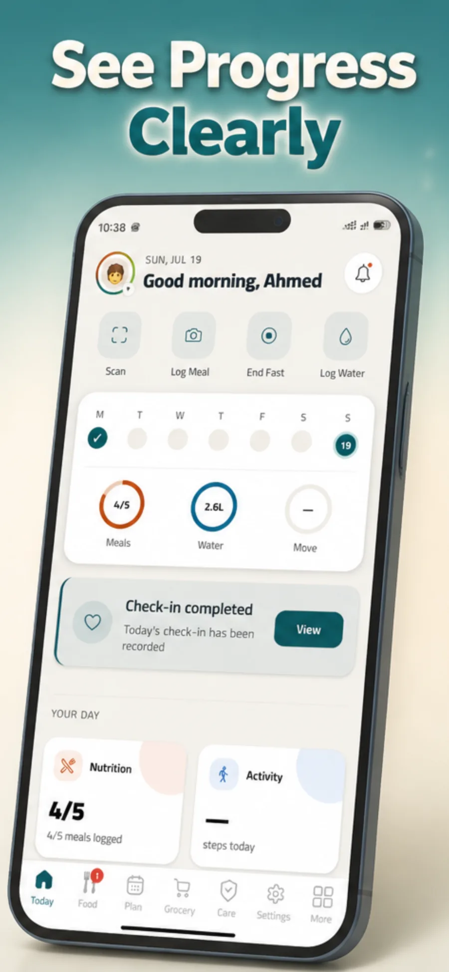 Clear daily progress in Kerah: meals, water, movement and check-ins at a glance