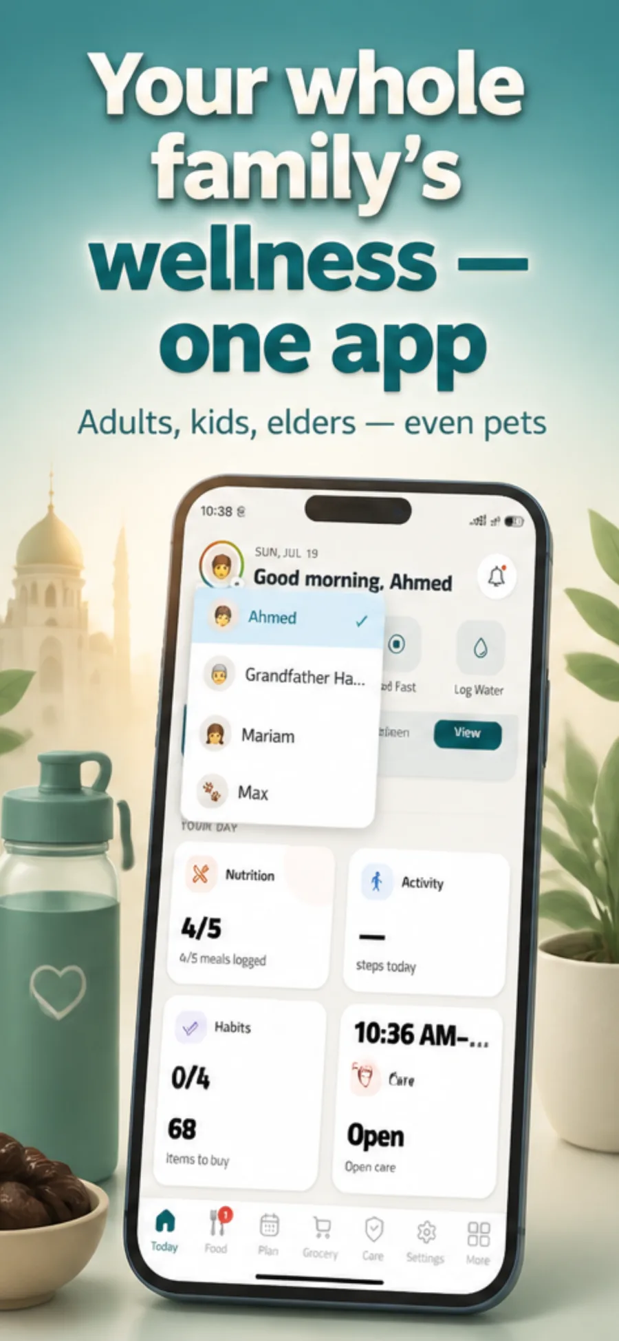 Kerah Today screen for the whole household — adults, children, elders and pets in one app